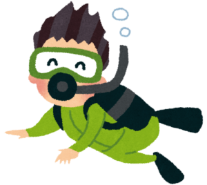 ボンベを背負って水中を泳ぐダイバーのイラスト