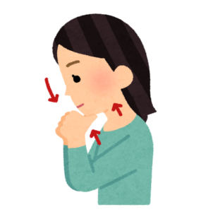 あごを押さえて首に力を入れる嚥下体操をする女性のイラスト