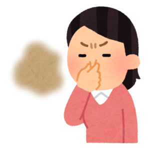 においに顔をしかめて鼻をつまむ女性のイラスト