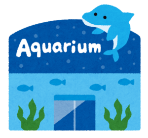 イルカの看板がある水族館の建物のイラスト