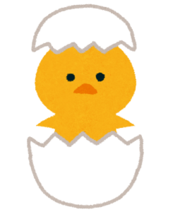 卵の殻を破って顔を出したひよこのイラスト