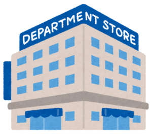 青い看板のついた百貨店の建物のイラスト