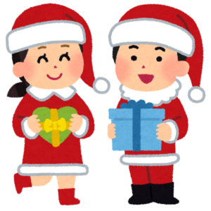 サンタの衣装を着てプレゼントを持つ子どものイラスト