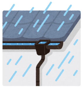 雨の中で屋根の雨どいを水が流れるイラスト