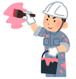 ヘルメット姿でペンキを塗る作業員のイラスト