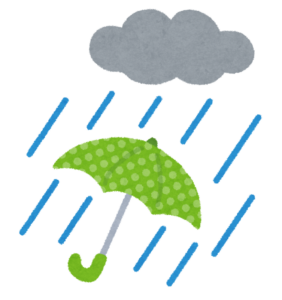 雨雲と雨に濡れる傘のイラスト