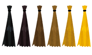 黒から金色まで並んだ髪の色見本の束のイラスト