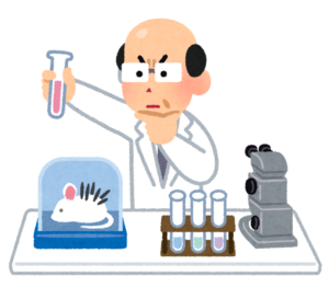 毛の生えたマウスと試験管を前にした白衣の研究者のイラスト
