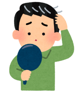 鏡を見ながら白髪を気にする男性のイラスト