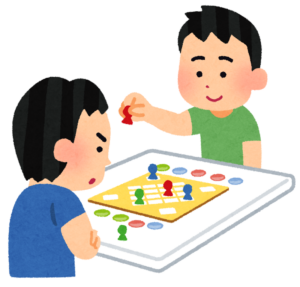 盤をはさんで向かい合い、駒を動かす二人のイラスト