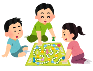 すごろくの盤を囲んで遊ぶ子どもたちのイラスト