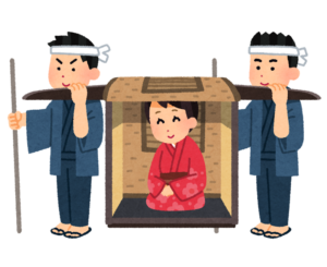 駕籠をかつぐ二人と、中に座る旅の女性のイラスト