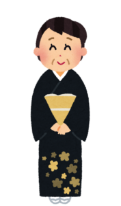 黒留袖を着て末広を手にした女性のイラスト