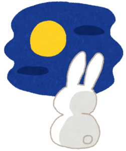 満月を見上げているうさぎの後ろ姿のイラスト