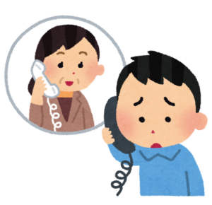 電話で相談する男の子と大人の女性のイラスト