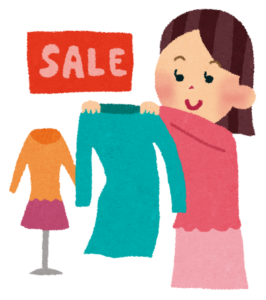 セール会場で服を選ぶ女性のイラスト
