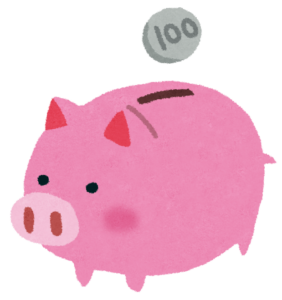 ブタの貯金箱と硬貨のイラスト