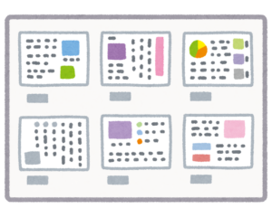 研究発表の掲示が並ぶ掲示板のイラスト