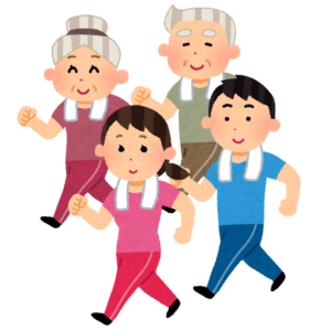みんなでそろって歩く家族連れのイラスト