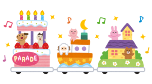 パレードの山車が連なって進むイラスト