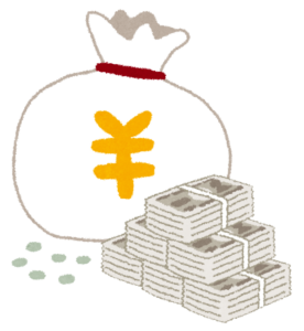円のお金袋と札束のイラスト