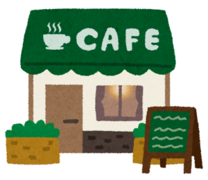 緑の日よけがついたカフェの建物のイラスト