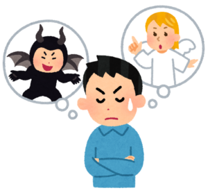 頭の中の天使と悪魔の声に迷う男性のイラスト
