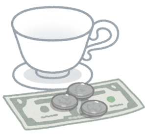 ティーカップの横に置かれたチップのお札と硬貨のイラスト