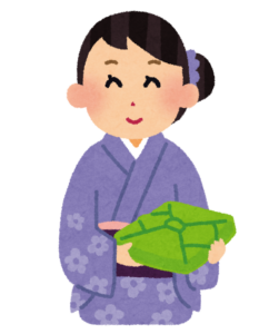 風呂敷包みの贈り物を持つ着物の女性のイラスト