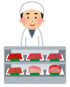 肉屋のショーケースの前に立つ店員のイラスト