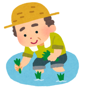 田んぼで田植えをする男性のイラスト