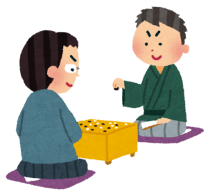 着物姿の二人が碁盤をはさんで対局しているイラスト