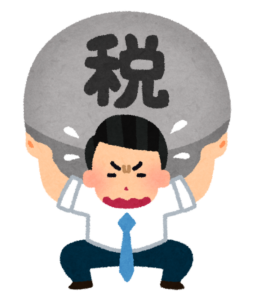 税と書かれた大きな玉を持ち上げる男性のイラスト