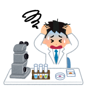 実験机で頭を抱える研究者のイラスト
