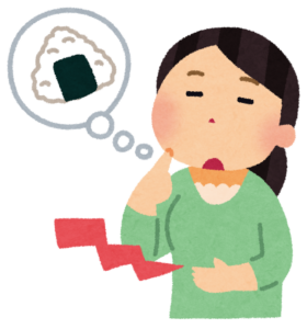 おなかをすかせておにぎりを思い浮かべる女性のイラスト