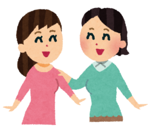 肩を組んで笑う2人の女性のイラスト