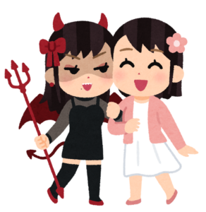 悪魔の姿の女性と腕を組んで歩く女性のイラスト