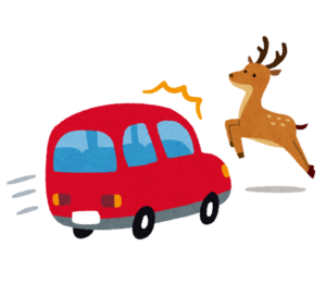 車の前にシカが飛び出すイラスト