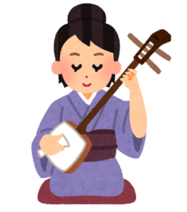 着物姿で三味線を弾く女性のイラスト