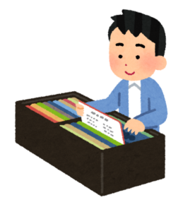 レコード店で盤を探す男性のイラスト