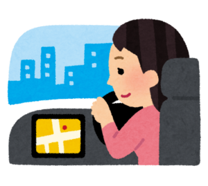 カーナビを見ながら運転する女性のイラスト