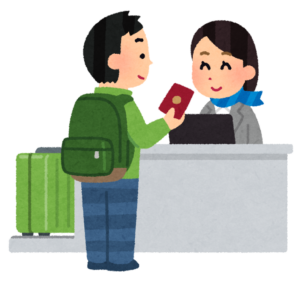 空港のカウンターで搭乗手続きをする人のイラスト