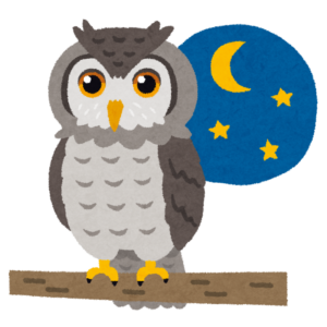 月と星の夜空を背に枝にとまるフクロウのイラスト