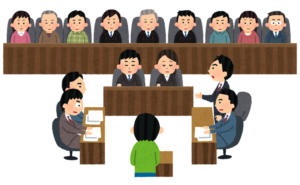 法廷で裁判が開かれている様子のイラスト