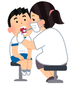 歯科検診で口の中を診てもらう男の子のイラスト