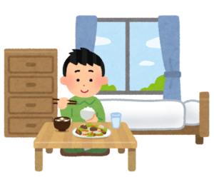 一人暮らしの部屋で食事をする若い男性のイラスト