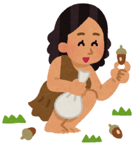木の実を拾う原始人のイラスト