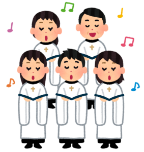 白い衣装で歌う聖歌隊のイラスト