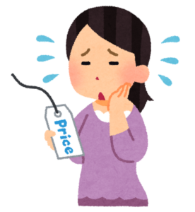 高い値札を見て困る女性のイラスト