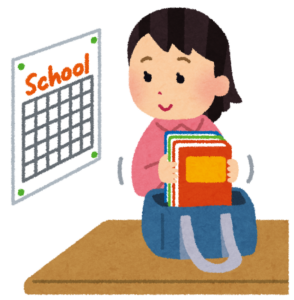 時間割を見ながら教科書をかばんに入れる子どものイラスト